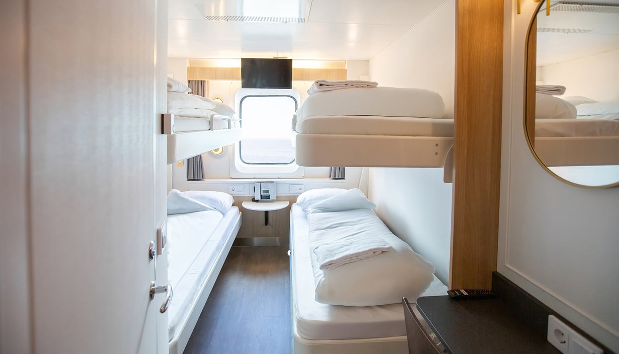 Pet-friendly cabin with two sets of bunk beds and a window.