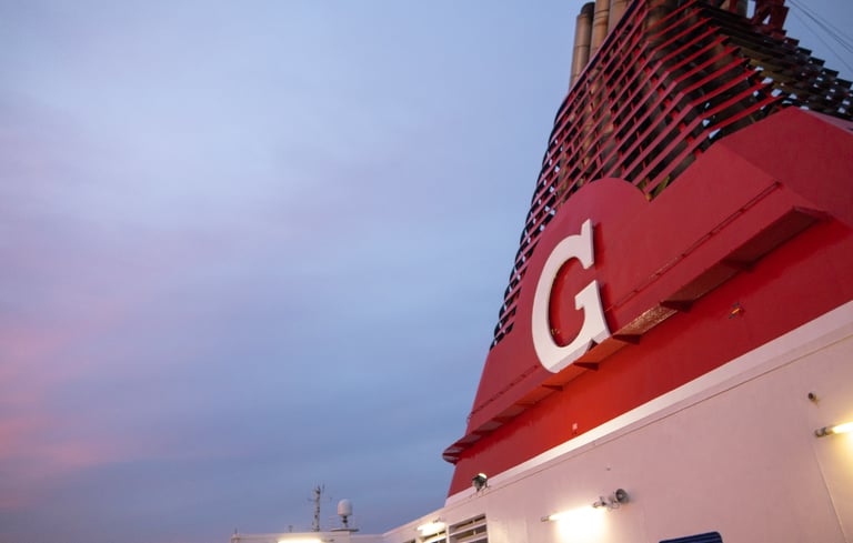 The red chimney on one of our ships